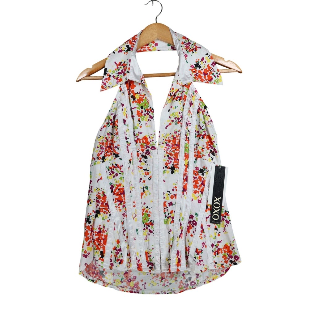 XOXO Halter Top Womens Size Medium NWT Floral Cotton Smocked Back White C759